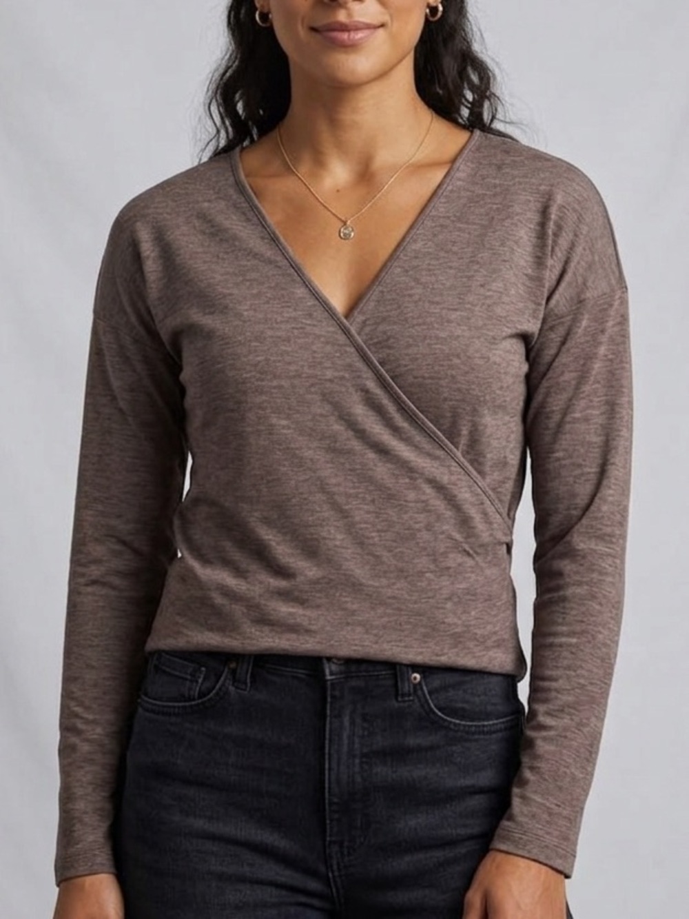 LL Bean woman Brown Heathered Crossover Wrap Long Sleeve Top V-Neck Medium 1717